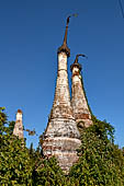 Inle Lake Myanmar. Indein, a cluster of ancient stupas  ruined and overgrown with bushes, just behind the village.